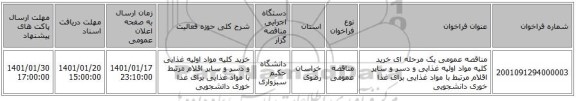 مناقصه عمومی یک مرحله ای خرید کلیه مواد اولیه غذایی و دسر و سایر اقلام مرتبط با مواد غذایی برای غذا خوری دانشجویی