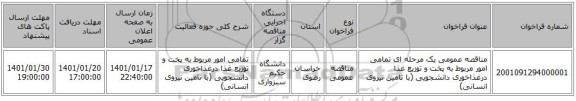 مناقصه عمومی یک مرحله ای تمامی امور مربوط به پخت و توزیع غذا درغذاخوری دانشجویی (با تامین نیروی انسانی) 