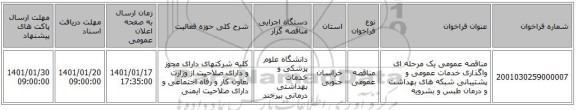 مناقصه عمومی یک مرحله ای واگذاری خدمات عمومی و پشتیبانی شبکه های بهداشت و درمان  طبس و بشرویه    