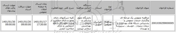 مناقصه عمومی یک مرحله ای واگذاری خدمات عمومی و پشتیبانی شبکه های بهداشت و درمان  درمیان ، خوسف ، سربیشه و نهبندان   