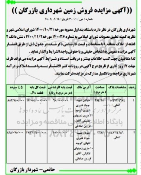 مزایده، مزایده فروش ششدانگ 2 قطعه از املاک