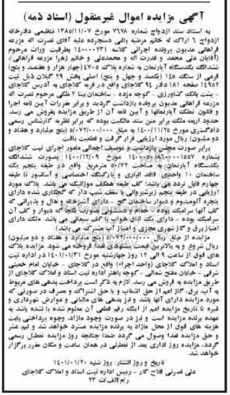مزایده شش دانگ یک دستگاه آپارتمان به شماره پلاک 4705 به مساحت 50/72 مترمربع 