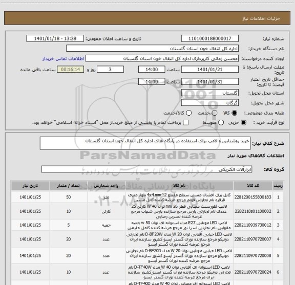 استعلام خرید روشنایی و لامپ برای استفاده در پایگاه های اداره کل انتقال خون استان گلستان