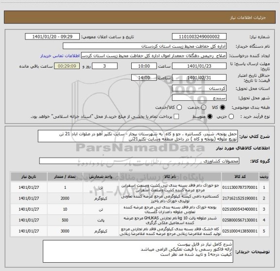 استعلام حمل یونجه، شبدر، کنسانتره ، جو و کاه  به شهرستان بیجار - سایت تکثیر آهو در صلوات اباد 21 تن
توزیع علوفه (یونجه و کاه ) در داخل منطقه وسایت تکثیر21تن