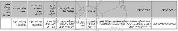 خرید خدمات مشاوره خدمات مهندسی مرحله سوم (نظارت کارگاهی و عالیه) طرح آبرسانی روستاهای استان آذربایجان غربی