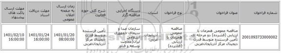 مناقصه عمومی همزمان با ارزیابی (فشرده) دو مرحله ای تأمین فرستنده متوسط قدرت دیجیتال مرکز آذربایجان‌غربی