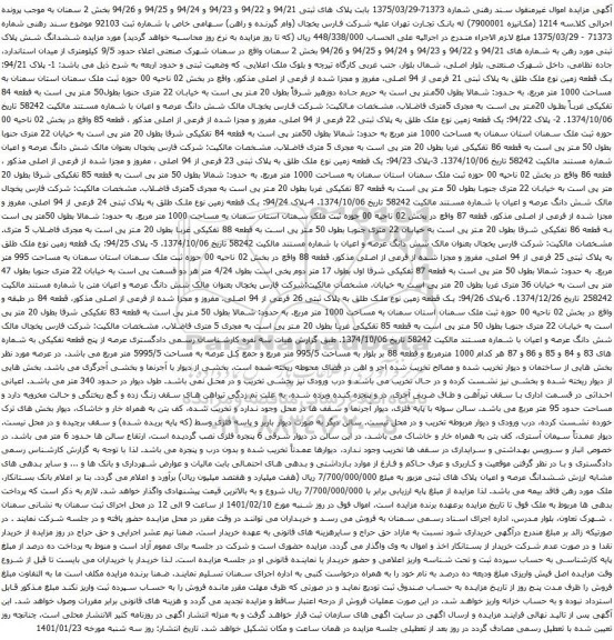 آگهی مزایده ششدانگ شش پلاک ثبتی مورد رهن به شماره های 94/21 و 94/22 و 94/23 و 94/24 و 94/25 و 94/26