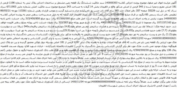 آگهی مزایده ششدانگ یک قطعه زمین مشتمل بر ساختمان احداثی پلاک ثبتی به شماره 1196 فرعی از 181 اصلی