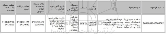مناقصه عمومی یک مرحله ای راهبری شهرکهای صنعتی مهدیشهر – شهمیرزاد – سرخه – لاسجرد - آرادان – فولاد محله - یاتری  و دفتر مرکزی سمنان