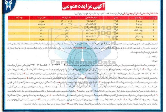 مزایده، مزایده فروش 8 دستگاه از وسایط نقلیه مازاد