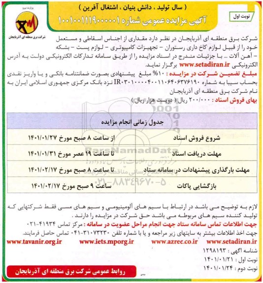 مزایده مقداری از اجناس اسقاطی و مستعمل و نو 