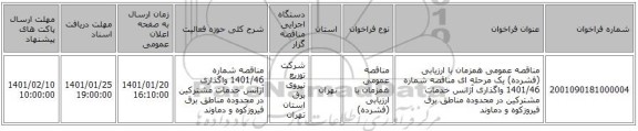 مناقصه عمومی همزمان با ارزیابی (فشرده) یک مرحله ای مناقصه شماره 1401/46 واگذاری آژانس خدمات مشترکین در محدوده مناطق برق فیروزکوه و دماوند