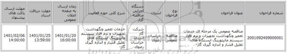 مناقصه عمومی یک مرحله ای خدمات تعمیر ونگهداشت تجهیزات و نرم افزار سیستم مانیتورینگ ایستگاه های تقلیل فشار و اندازه گیری گاز-