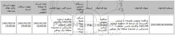 مناقصه عمومی همزمان با ارزیابی (فشرده) یک مرحله ای مناقصه شماره 1401/48 واگذاری آژانس خدمات مشترکین در محدوده منطقه برق رودهن