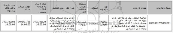 مناقصه عمومی یک مرحله ای اجرای پروژه مسقف سازی قسمتی از مسیل شماره 3 کانال آبخروار (موسوم به کوی حرحرک)حدفاصل پل زیدون تا پل شهربانی
