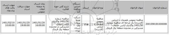 مناقصه عمومی همزمان با ارزیابی (فشرده) یک مرحله ای مناقصه شماره 1401/50 واگذاری آژانس خدمات مشترکین در محدوده منطقه برق قرچک