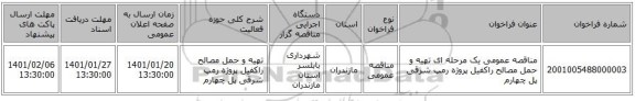 مناقصه عمومی یک مرحله ای تهیه و حمل مصالح راکفیل پروژه رمپ شرقی پل چهارم