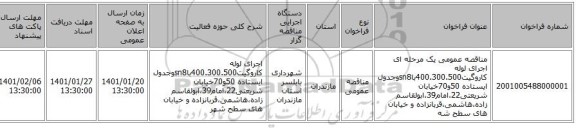 مناقصه عمومی یک مرحله ای اجرای لوله کاروگیت400.300.500باsn8وجدول ایستاده 50و70خیابان شریعتی22،امام39،ابولقاسم زاده،هاشمی،قربانزاده و خیابان های سطح شه