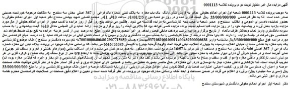 مزایده فروش شش دانگ یک باب مغازه به پلاک ثبتی شماره یک فرعی از 367 اصلی