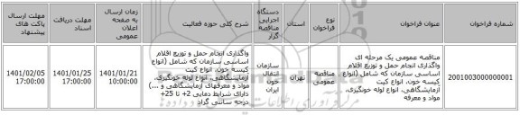 مناقصه عمومی یک مرحله ای واگذاری انجام  حمل و توزیع اقلام اساسی سازمان که شامل (انواع کیسه خون، انواع کیت آزمایشگاهی، انواع لوله خونگیری، مواد و معرفه