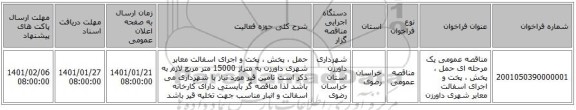 مناقصه عمومی یک مرحله ای حمل ، پخش ، پخت و اجرای اسفالت معابر شهری داورزن 