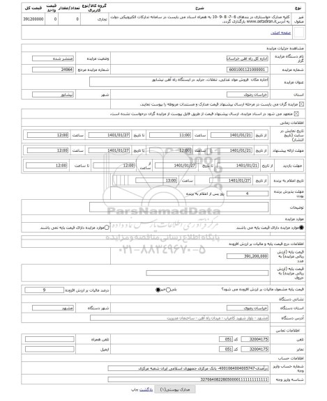 مزایده ، اجاره مکان فروش مواد غذایی، تنقلات، جراید در ایستگاه راه آهن نیشابور