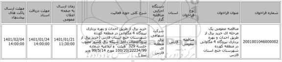 مناقصه عمومی یک مرحله ای خرید برق از طریق احداث و بهره برداری نیروگاه 4 مگاواتی در منطقه کورده شهرستان خنج استان فارس 