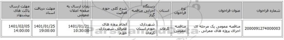 مناقصه عمومی یک مرحله ای اجرای پروژه های عمرانی .