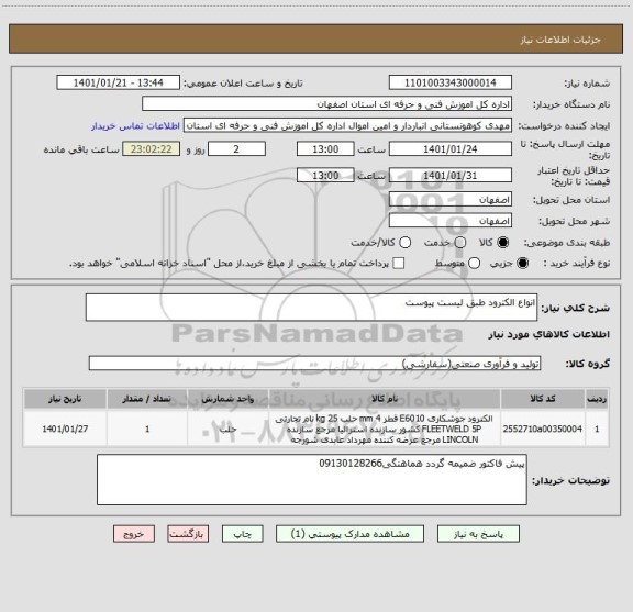 استعلام انواع الکترود طبق لیست پیوست 