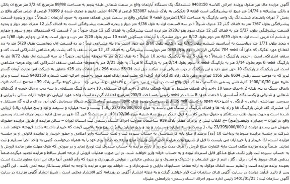 مزایده ششدانگ یک دستگاه آپارتمان واقع در سمت شمالی طبقه پنجم