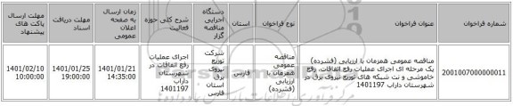 مناقصه عمومی همزمان با ارزیابی (فشرده) یک مرحله ای اجرای عملیات رفع اتفاقات، رفع خاموشی و نت شبکه های توزیع نیروی برق در شهرستان داراب 1401197
