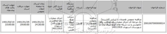 مناقصه عمومی همزمان با ارزیابی (فشرده) یک مرحله ای اجرای عملیات رفع اتفاقات، رفع خاموشی و نت شبکه های توزیع نیروی برق در شهرستان استهبان 14011910
