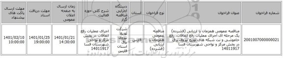 مناقصه عمومی همزمان با ارزیابی (فشرده) یک مرحله ای اجرای عملیات رفع اتفاقات، رفع خاموشی و نت شبکه های توزیع نیروی برق در بخش مرکز و نواحی شهرستان فسا 14011917
