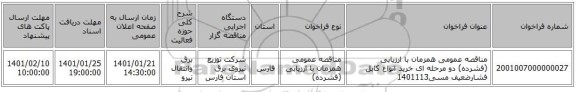 مناقصه عمومی همزمان با ارزیابی (فشرده) دو مرحله ای خرید انواع کابل فشارضعیف مسی1401113