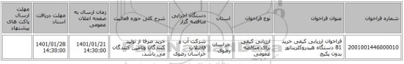 فراخوان ارزیابی کیفی خرید 81 دستگاه هیدروکلریناتور بدون پکیج 
