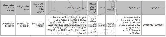 مناقصه عمومی یک مرحله ای خرید برق از طریق احداث و بهره برداری نیروگاه 3 مگاواتی در منطقه نوجین شهرستان فراشبند استان فارس 