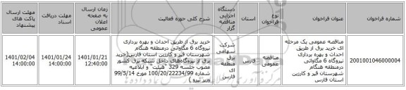 مناقصه عمومی یک مرحله ای خرید برق از طریق احداث و بهره برداری نیروگاه 6 مگاواتی درمنطقه هنگام شهرستان قیر و کارزین استان فارس