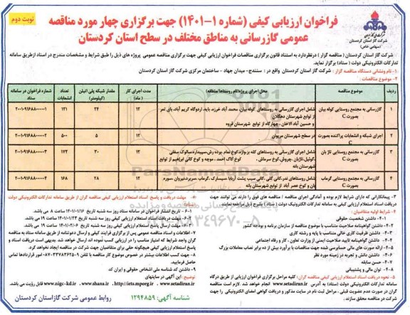 فراخوان ارزیابی کیفی گازرسانی به مناطق مختلف نوبت دوم 