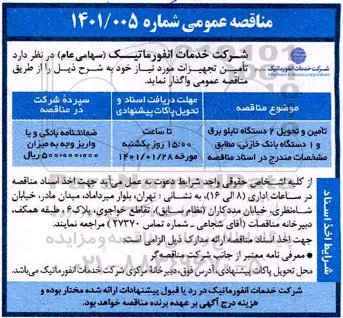 مناقصه تامین و تحویل 2 دستگاه تابلو برق و 1 دستگاه بانک خازنی