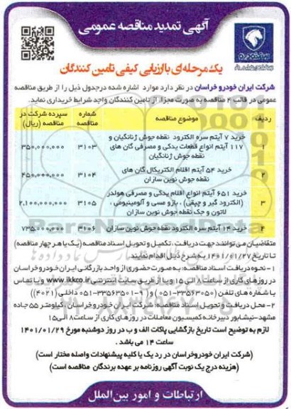 تمدید مناقصات اقلام الکتریکال 