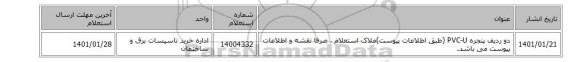 دو ردیف پنجره PVC-U (طبق اطلاعات پیوست)ملاک استعلام ، صرفا نقشه و اطلاعات پیوست می باشد.