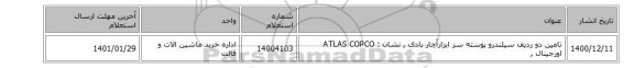 تامین دو ردیف سیلندرو پوسته سر ابزارآچار بادی , نشان : ATLAS COPCO اورجینال ,