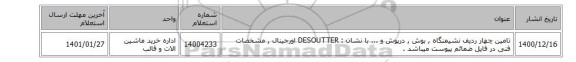 تامین چهار ردیف نشیمنگاه , بوش , درپوش و ... با نشان :DESOUTTER ‎ اورجینال , مشخصات فنی در فایل ضمائم پیوست میباشد .
