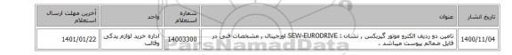 تامین دو ردیف الکترو موتور  گیربکس , نشان : SEW-EURODRIVE اورجینال , مشخصات فنی در فایل ضمائم پیوست میباشد .