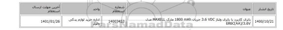 باتری کاربرد ‎با باتری‏ ولتاژ ‎3.6 VDC‏ جریان ‎1800 mAh‏ مارک MAXELL‎ مدل ‎ER6C(AA)/3.6V