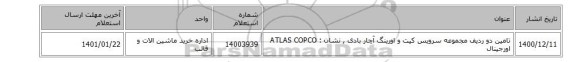 تامین دو ردیف مجموعه سرویس کیت و اورینگ آچار بادی , نشان : ATLAS COPCO اورجینال