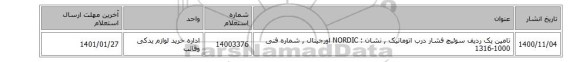 تامین یک ردیف سوئیچ فشار درب اتوماتیک , نشان  : NORDIC اورجینال ,  شماره فنی 1000-1316