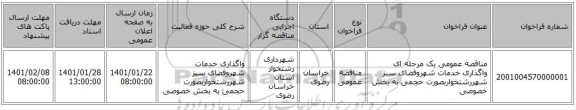 مناقصه عمومی یک مرحله ای واگذاری خدمات شهروفضای سبز شهررشتخواربصورت حجمی به بخش خصوصی