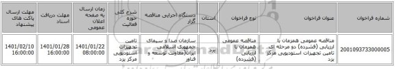 مناقصه عمومی همزمان با ارزیابی (فشرده) دو مرحله ای تامین تجهیزات استودیویی مرکز یزد 