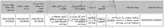 مناقصه عمومی یک مرحله ای تکمیل محوطه و ساختمان خدماتی مجموعه ورزشی بویراحمد